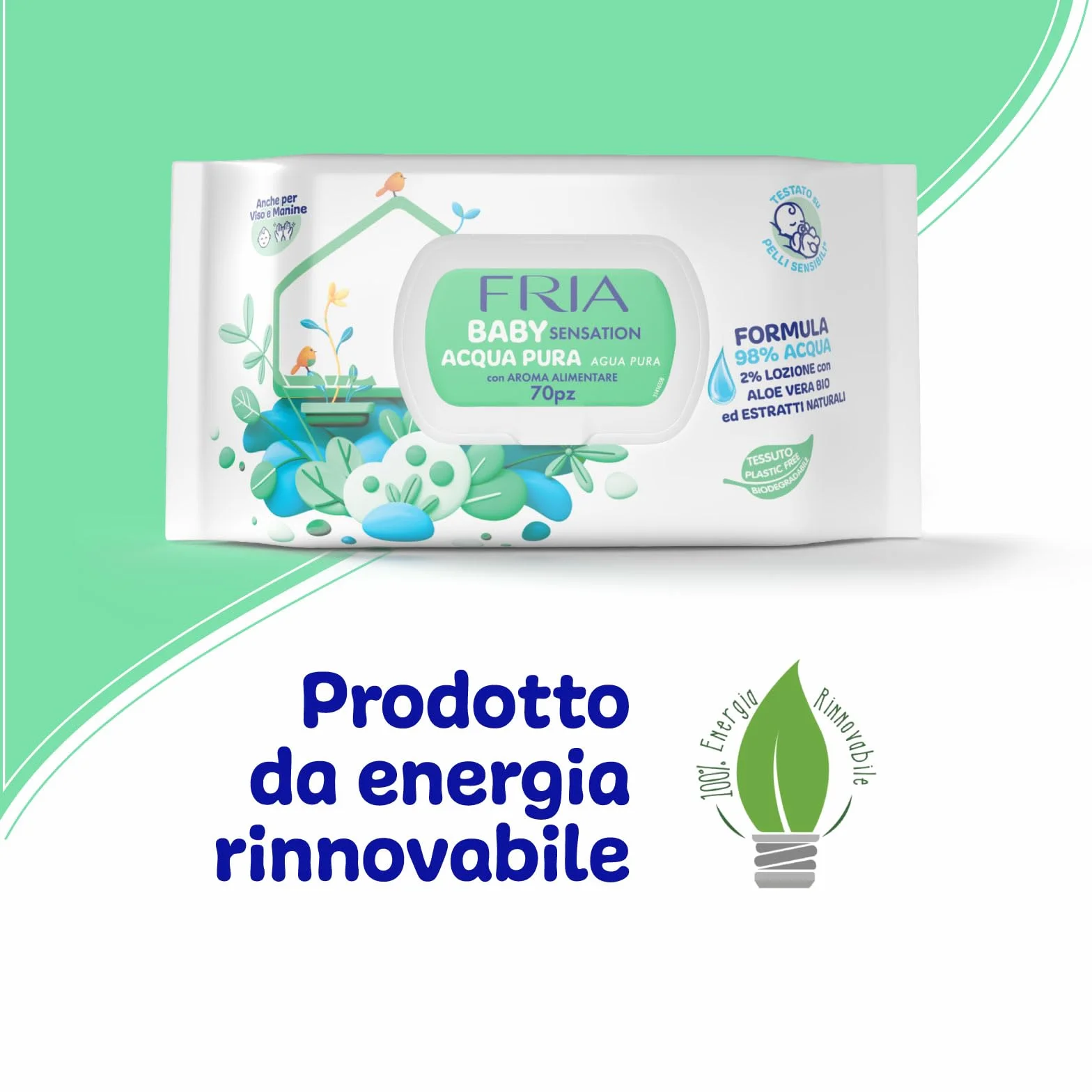 Fria Baby Sensation Acqua Pura Salviette per Cambio Pannolino, 98% Acqua Purificata, 70 Salviette
