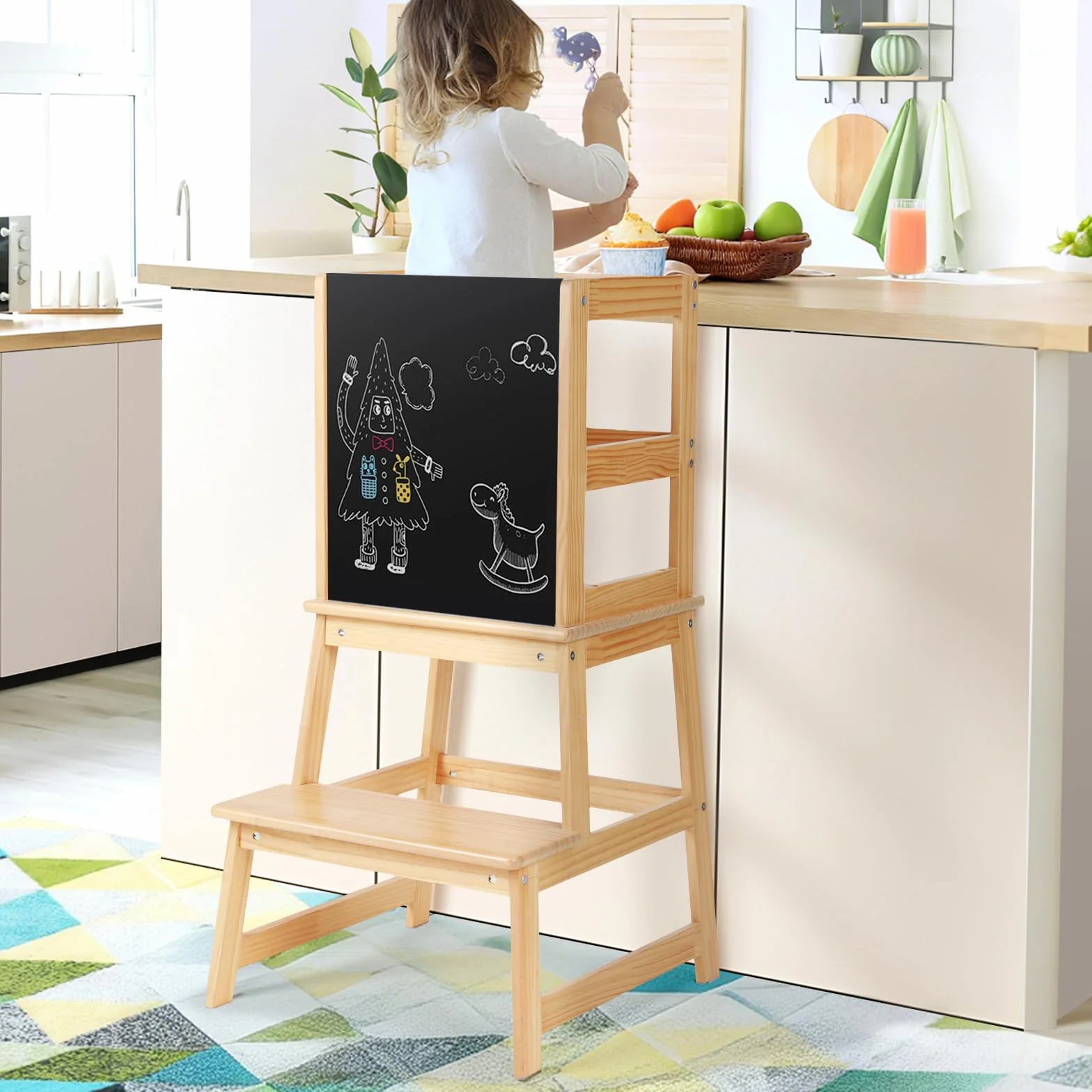 Torre Montessoriana per Bambini con Lavagna e Sbarra di Sicurezza, Sgabello Estraibile per Adulti, Naturale