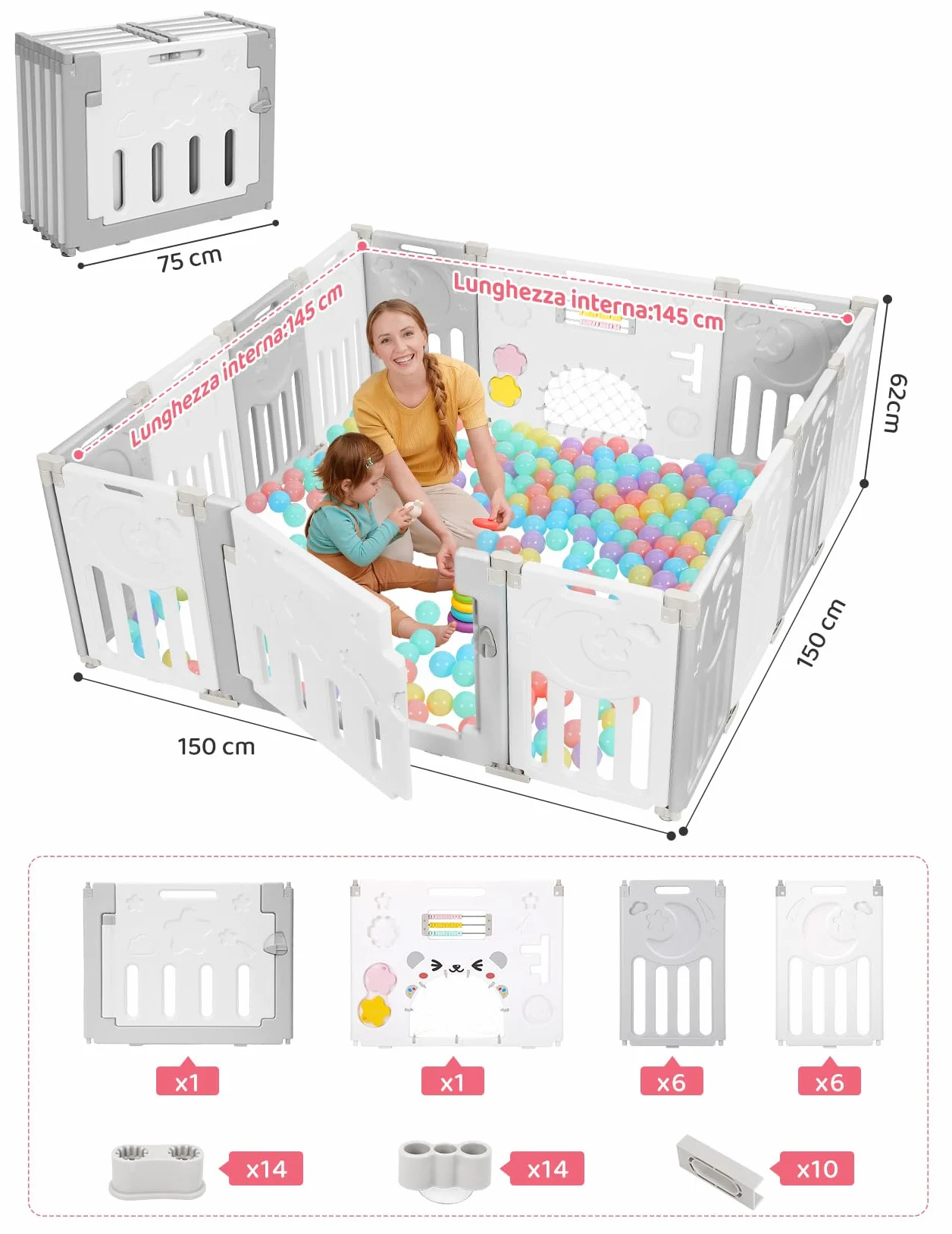 Dripex Box Bambini 150×150 cm Recinto Pieghevole Neonato Plastica Grigio