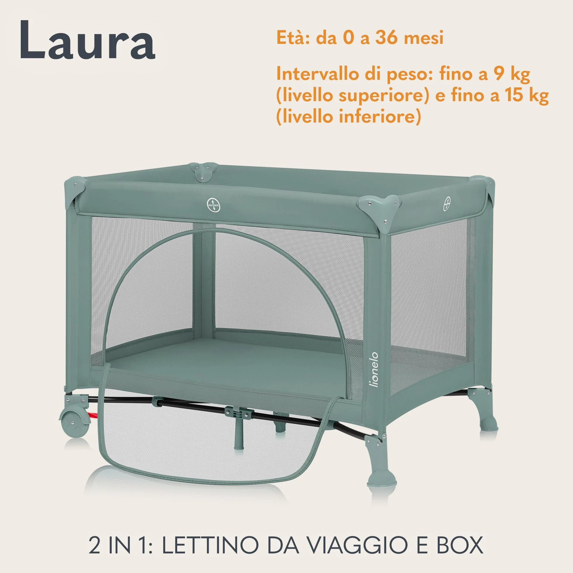 Lionelo LAURA Lettino da viaggio 2 in 1 fino a 15 kg per bambini 0-36 mesi Materassino in schiuma T25 2 livelli altezza Borsa viaggio Ruote con freno