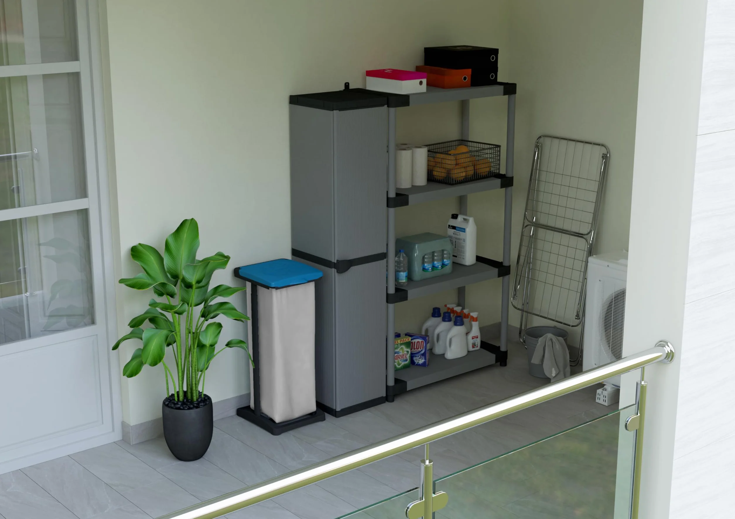 Adventa Armadio in Resina PVC e PP 1 Anta 3 Ripiani 34x38x165 cm Grigio Nero
