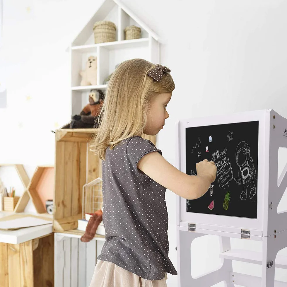 YOLEO Torre Montessoriana Bambini 3 in 1 Pieghevole Multifunzionale Learning Tower con Lavagna Magnetica Bifacciale Bianco