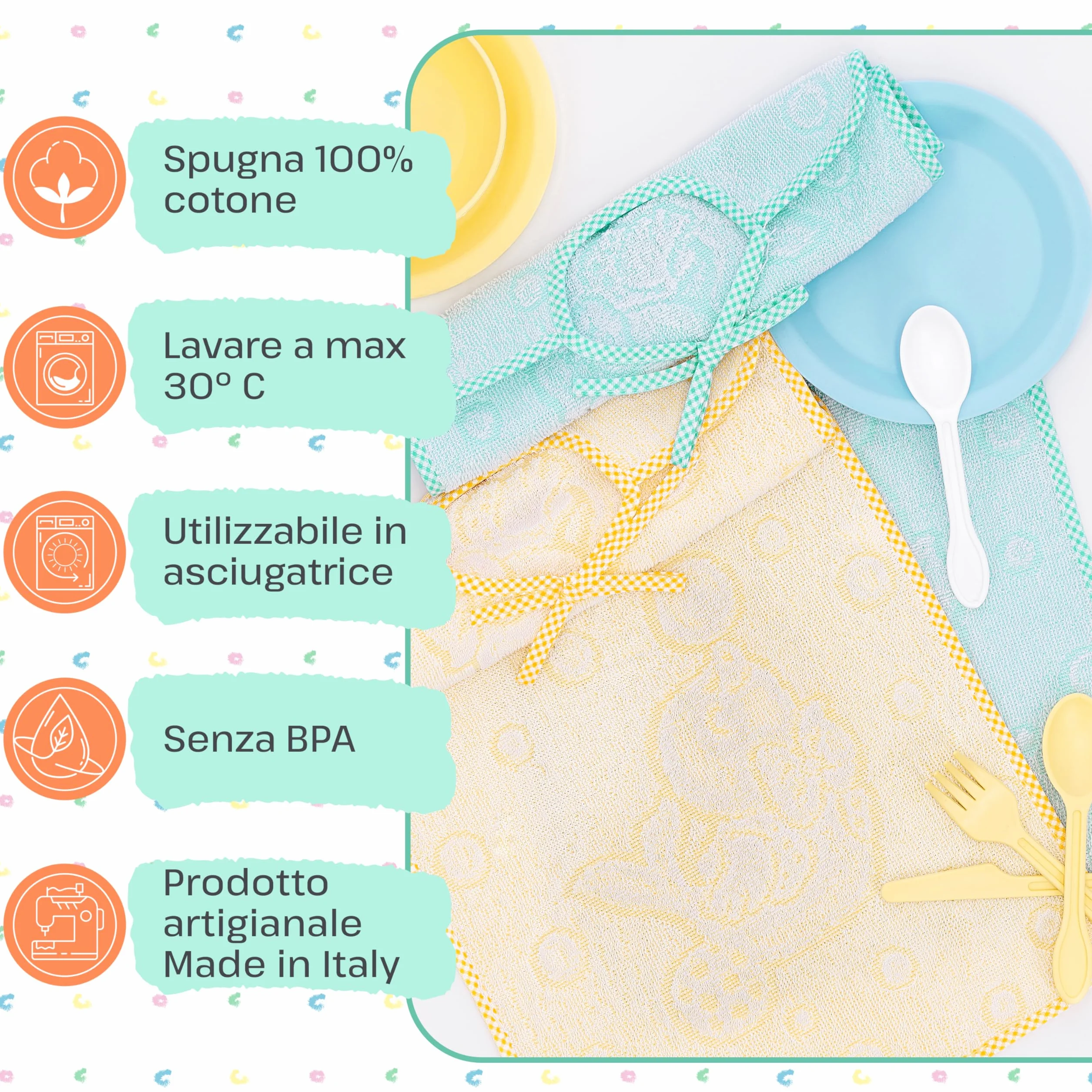 Bavaglini lacci pappa asilo spugna cotone bambini prodotti in Italia