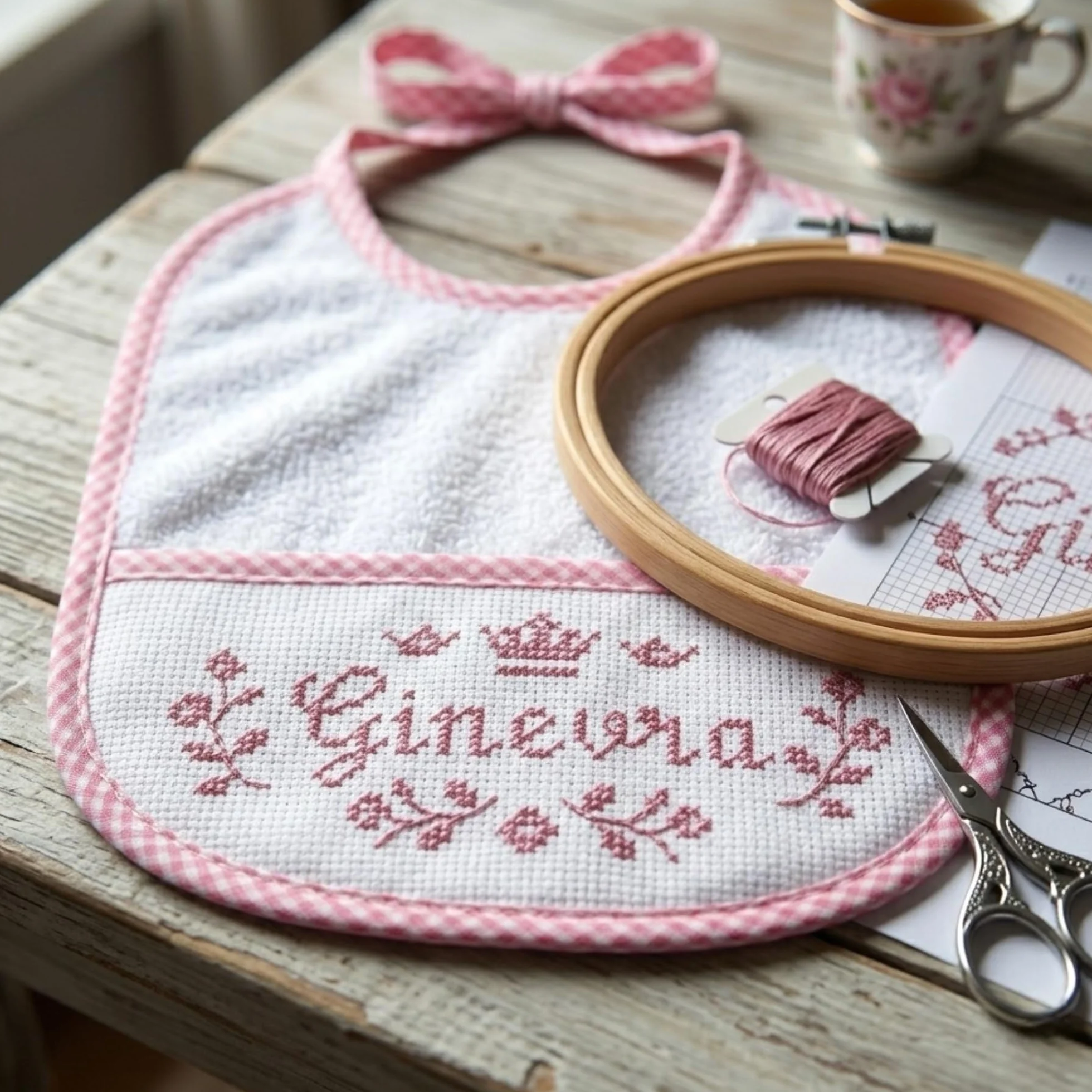 Bavaglino Neonato in Spugna di Cotone con Tela Aida 55 Fori Ricamabile 20x18 cm