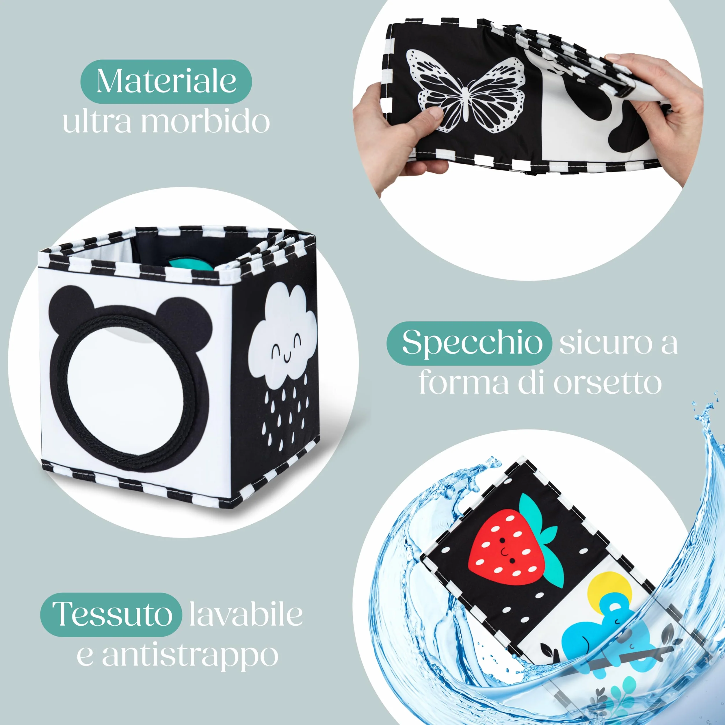 Libro Sensoriale Neonati con Specchio Teddy - Libro Bianco e Nero Stoffa Montessori, Ultra Morbido Lavabile per Sviluppo Visivo 0-12 Mesi