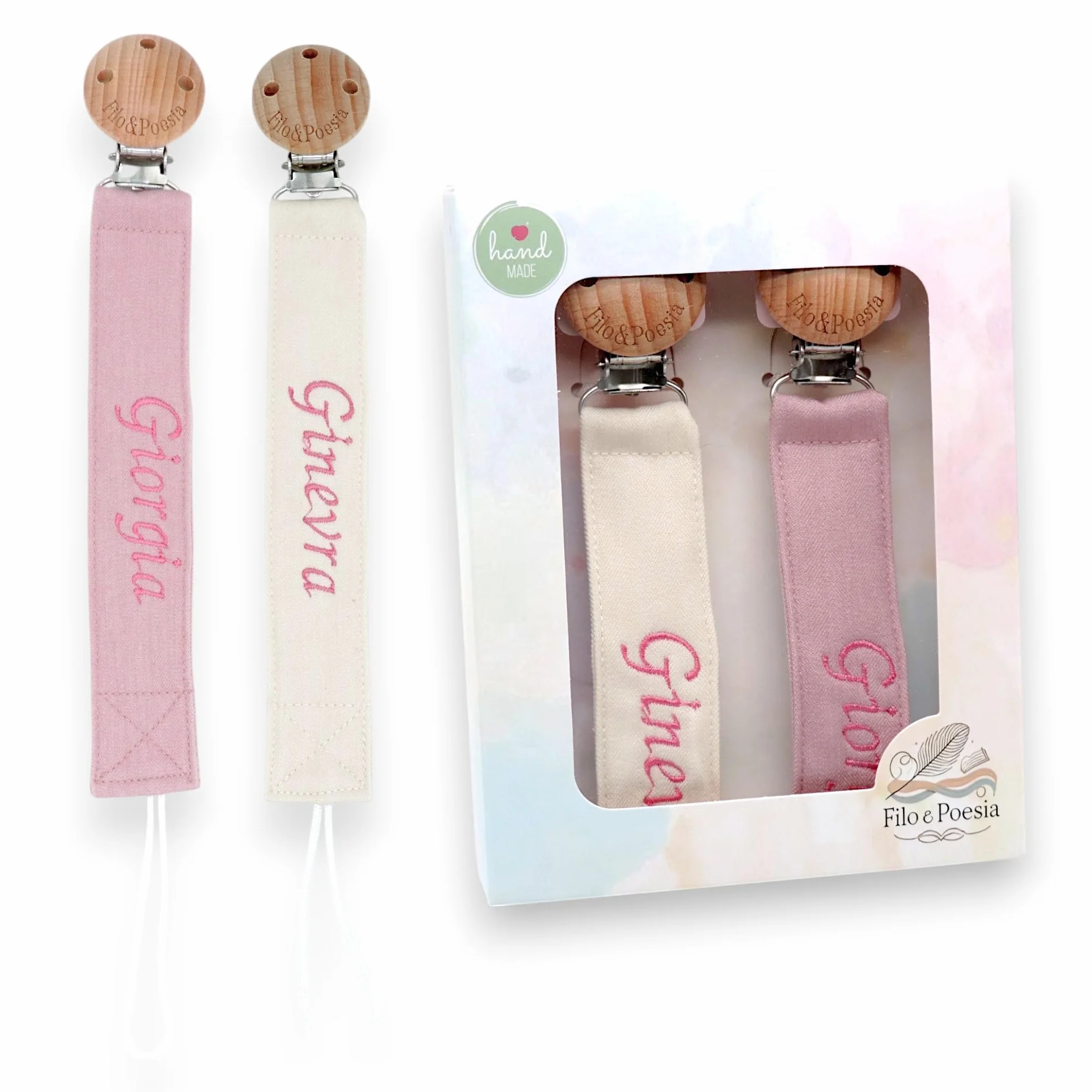 Portaciuccio Personalizzato con Nome Ricamato 2 Pezzi Rosa-Beige Filo e Poesia