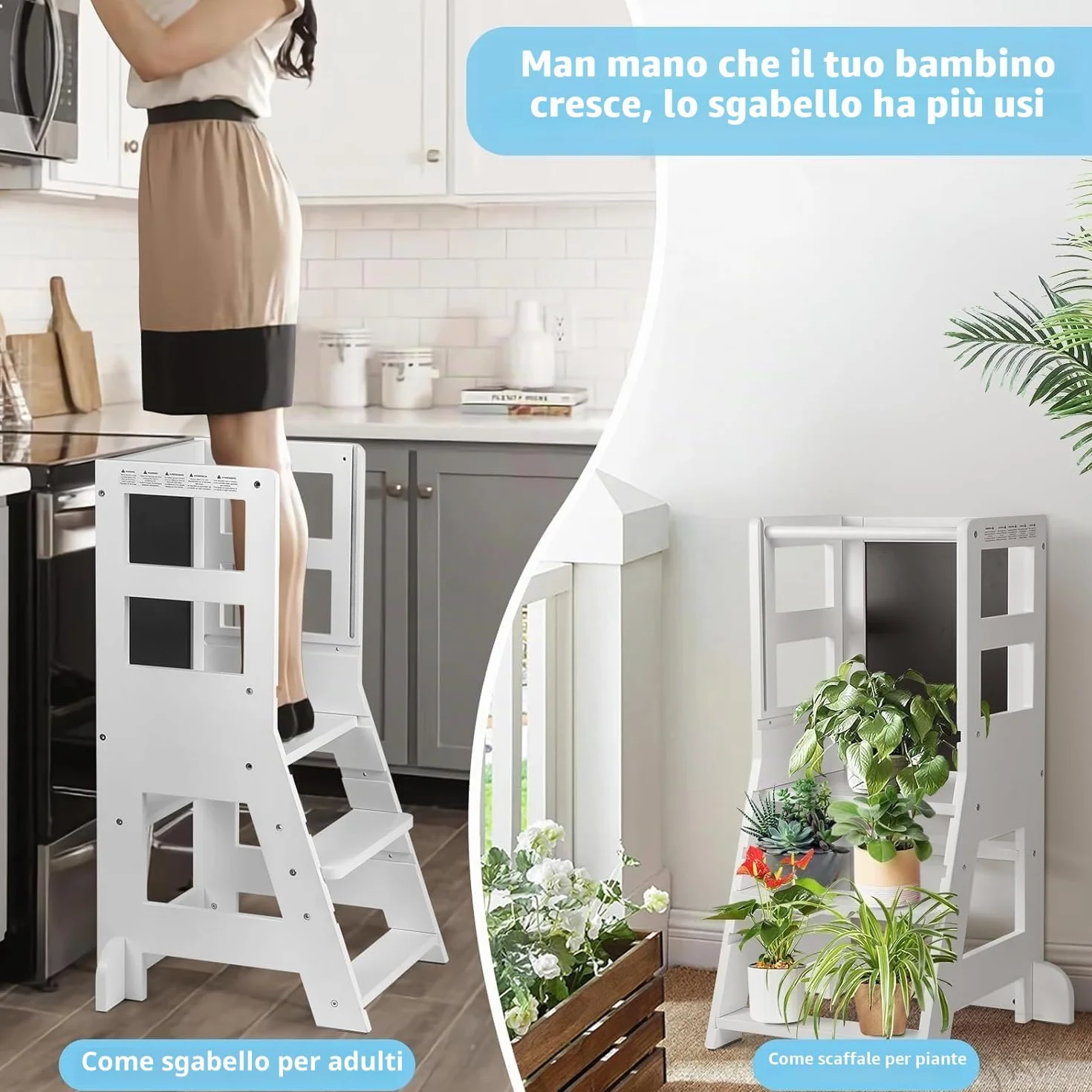 Torre Montessoriana Bambini 3 Livelli Regolabili Altezza Lavagna Magnetica Rimovibile Bianco