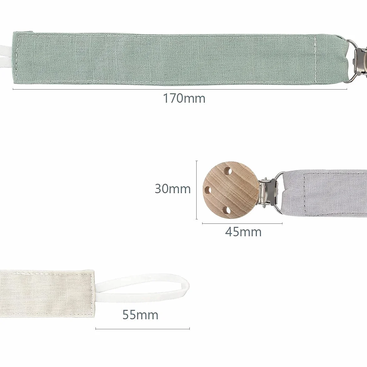 RUBY Catenella in Tessuto Porta Ciuccio Neonato Cotone Clip Legno Faggio Naturale Set Catenina Verde