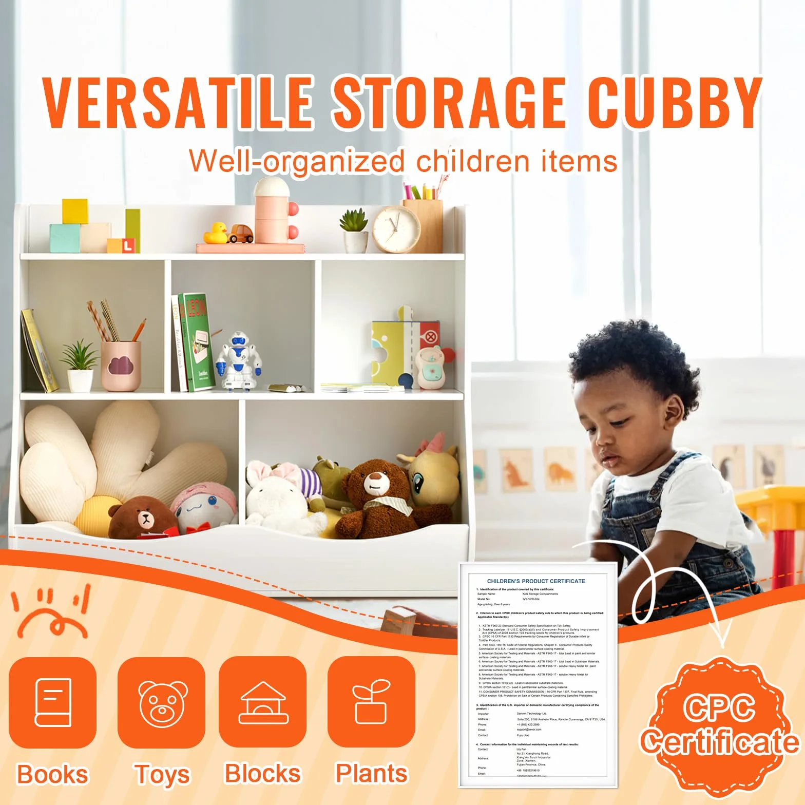 VEVOR Scaffale Portaoggetti in Legno per Bambini, Organizzatore Giocattoli con Scaffale per Libri, Armadietto per Camera Giochi