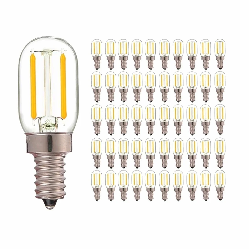 HHF Illuminazione Domestica, Confezione da 50 Lampadine a filamento LED retrò AC220V E12/E14 T20 1W Super Caldo 2200K, Lampada da Frigorifero a LED dimmerabile(1w E12 220V)