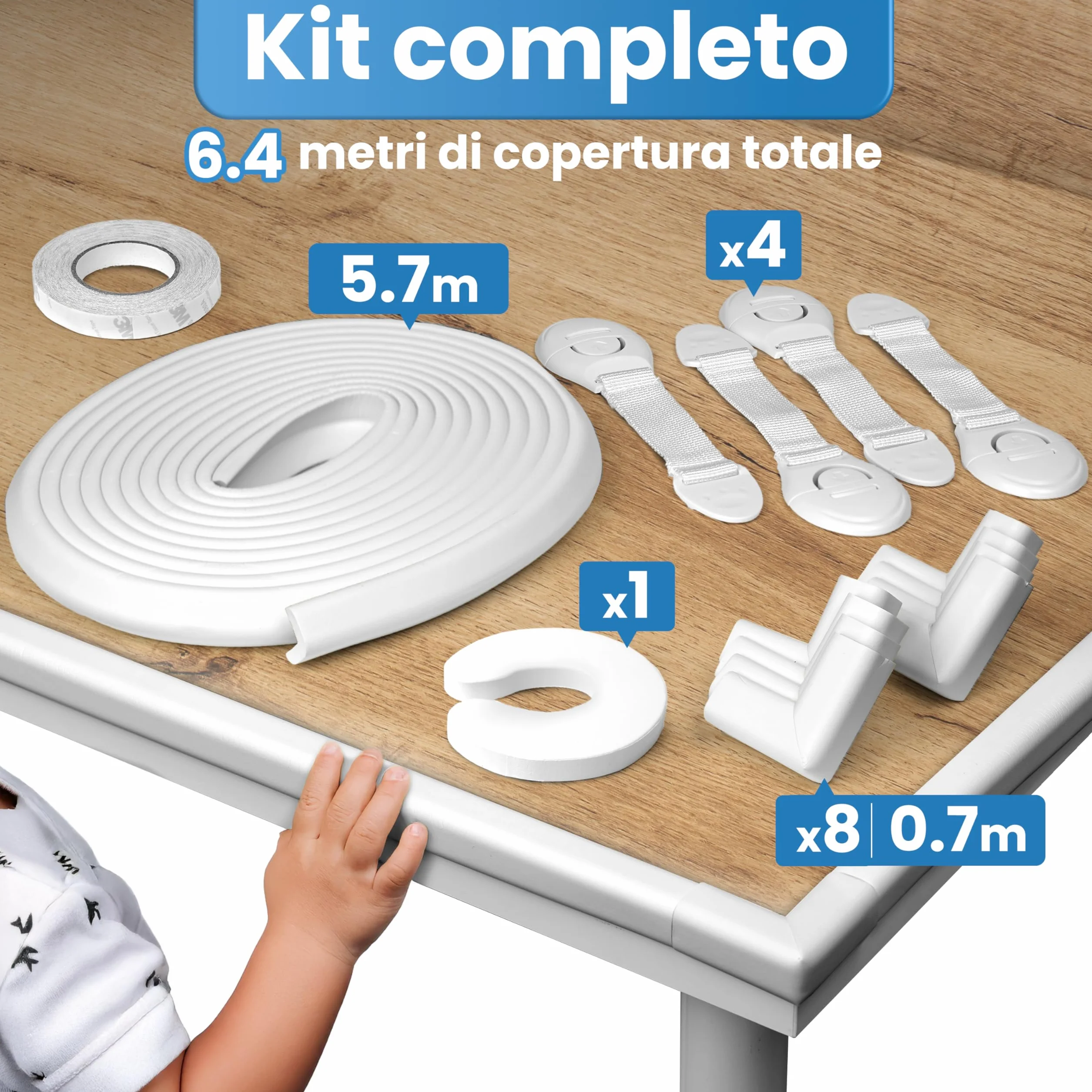 HAPPY CHLEA® Paraspigoli per Bambini Gomma Tecnologia Schiuma Attiva, Kit da 6,4 M Protezione, 8 Paraspigoli Angolari, 4 Blocca Cassetti + Fermaporta (Bianco)