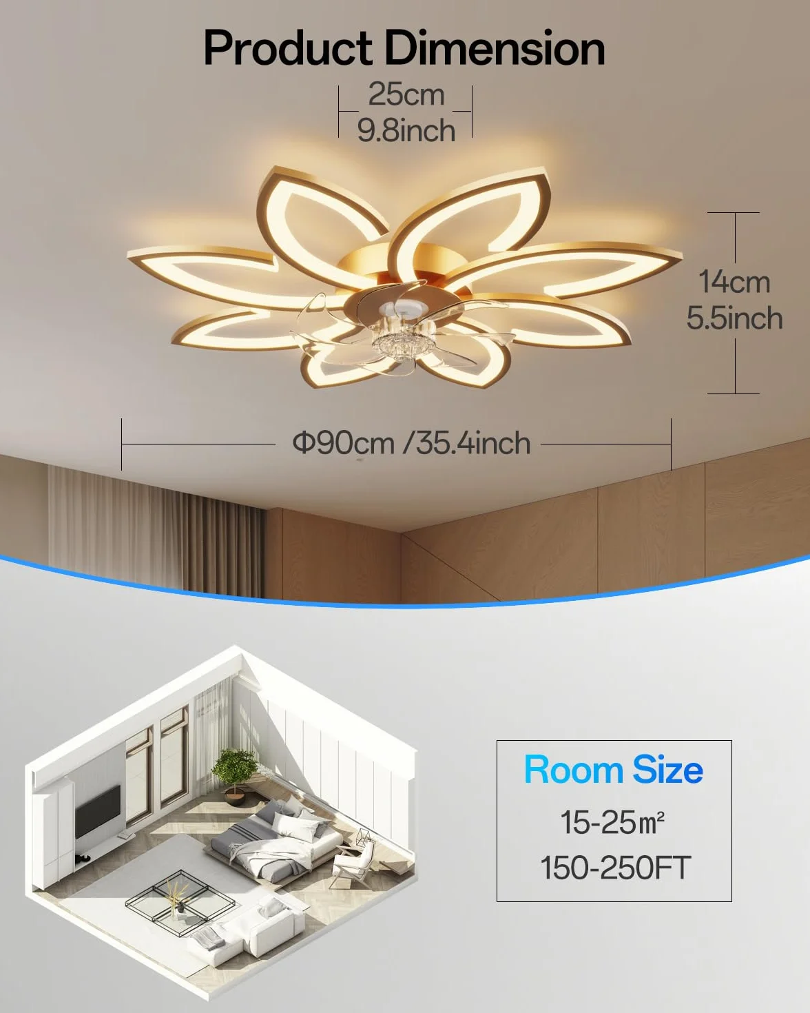 90 cm Lampadario Ventilatore da Soffitto Con Telecomando Led Dimmerabile Pale da Soffitto Design DC Plafoniera Fiore Led Reversibile 6 Velocità Lampadari a Ventola per Camera da Letto Cucina,Oro