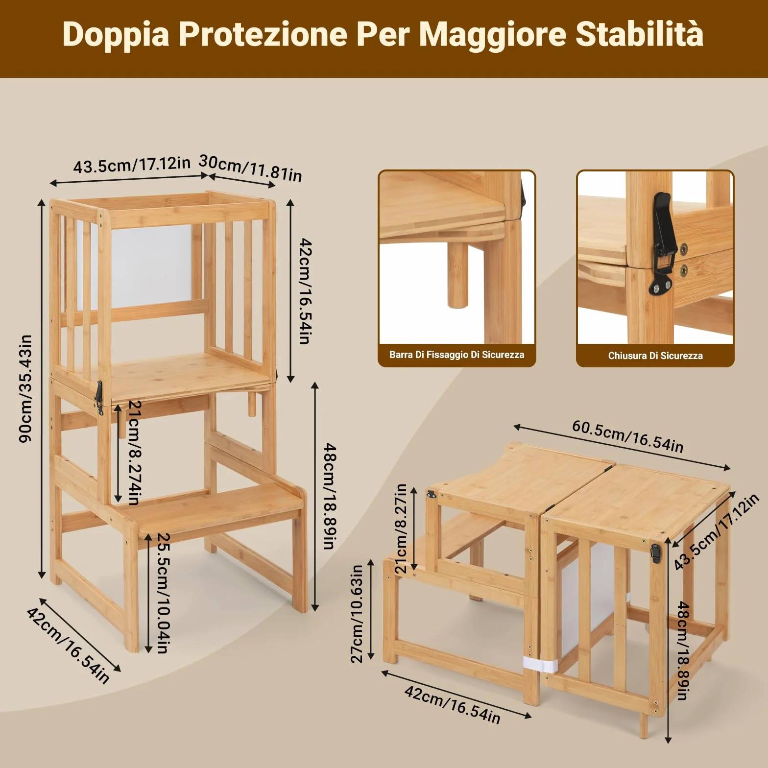 COSYLAND Torre Montessoriana Bambini 3 in 1 con Lavagna Bianca Naturale Classico