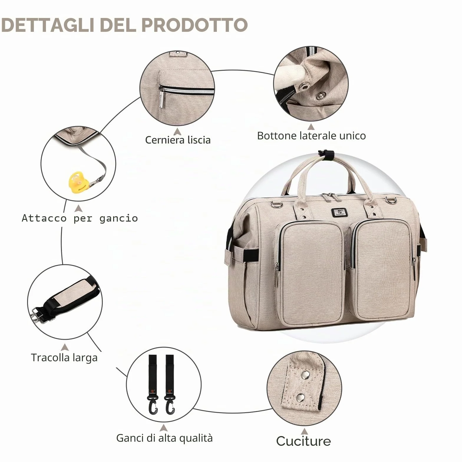 Borsa a Tracolla per Pannolini Grande Capacità Oxford Impermeabile, 2 Ganci per Passeggino, Fasciatoio