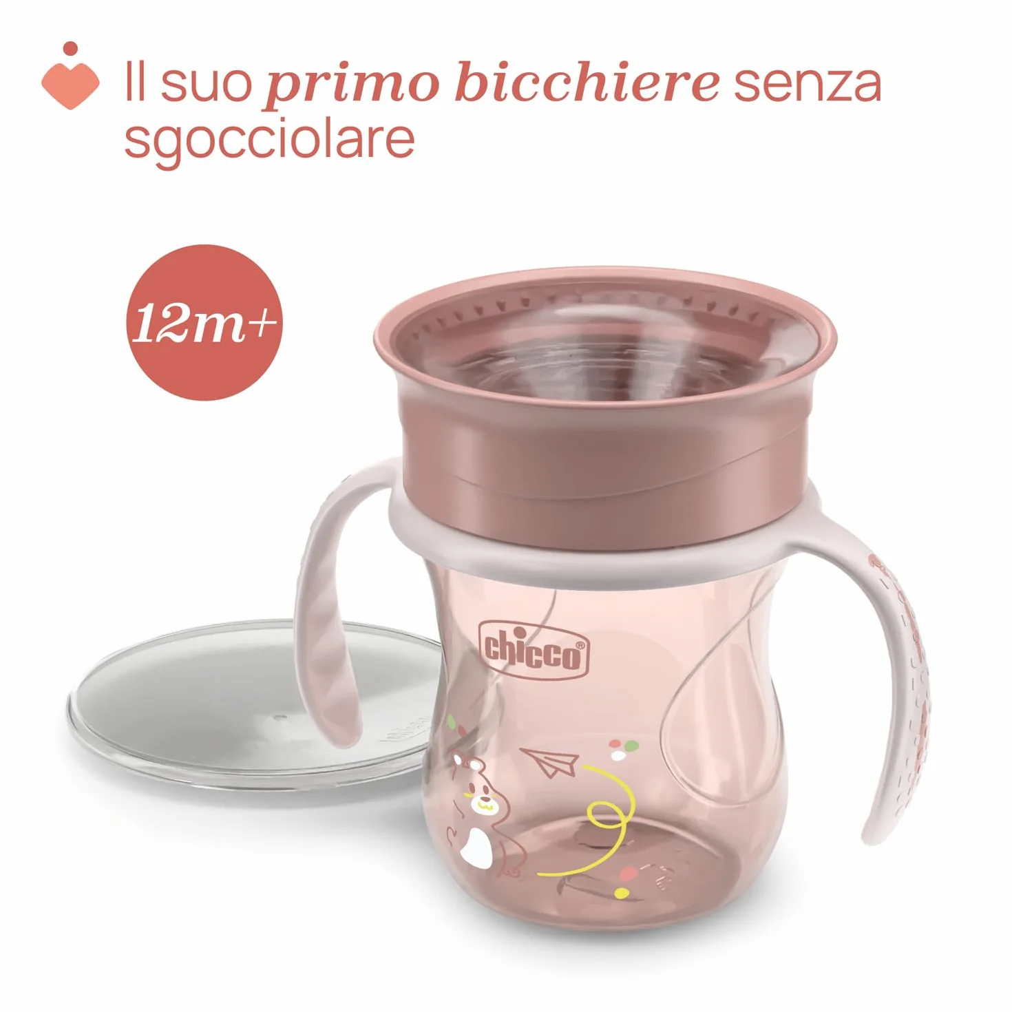 Chicco Perfect Cup Bicchiere per Bambini 200 ml, 1 Tazza Biberon 12+ Mesi, Membrana Silicone 360°, Manici Rimovibili, Senza BPA, Rosa