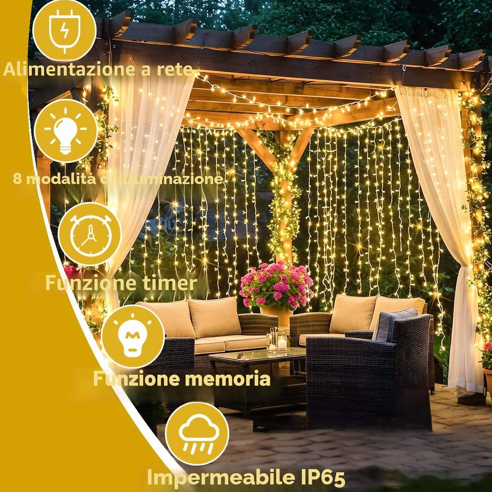 Joycome Tenda Luminosa Esterno, 6x3m 600 LED Cascata Luci con Spina, 8 Modalità Luci a Tenda per Esterno, Impermeabile Decorazioni Luminose per Giardino Balcone Vetrina Matrimonio - Bianco Caldo