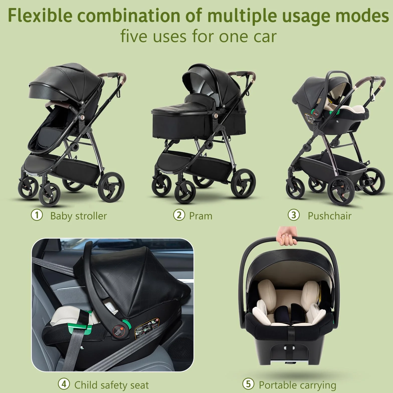 Passeggino 3 in 1 con Seggiolino Auto e Carrozzina, Grandi Ruote Assorbenti Urti per Bambini 0-36 Mesi Nero
