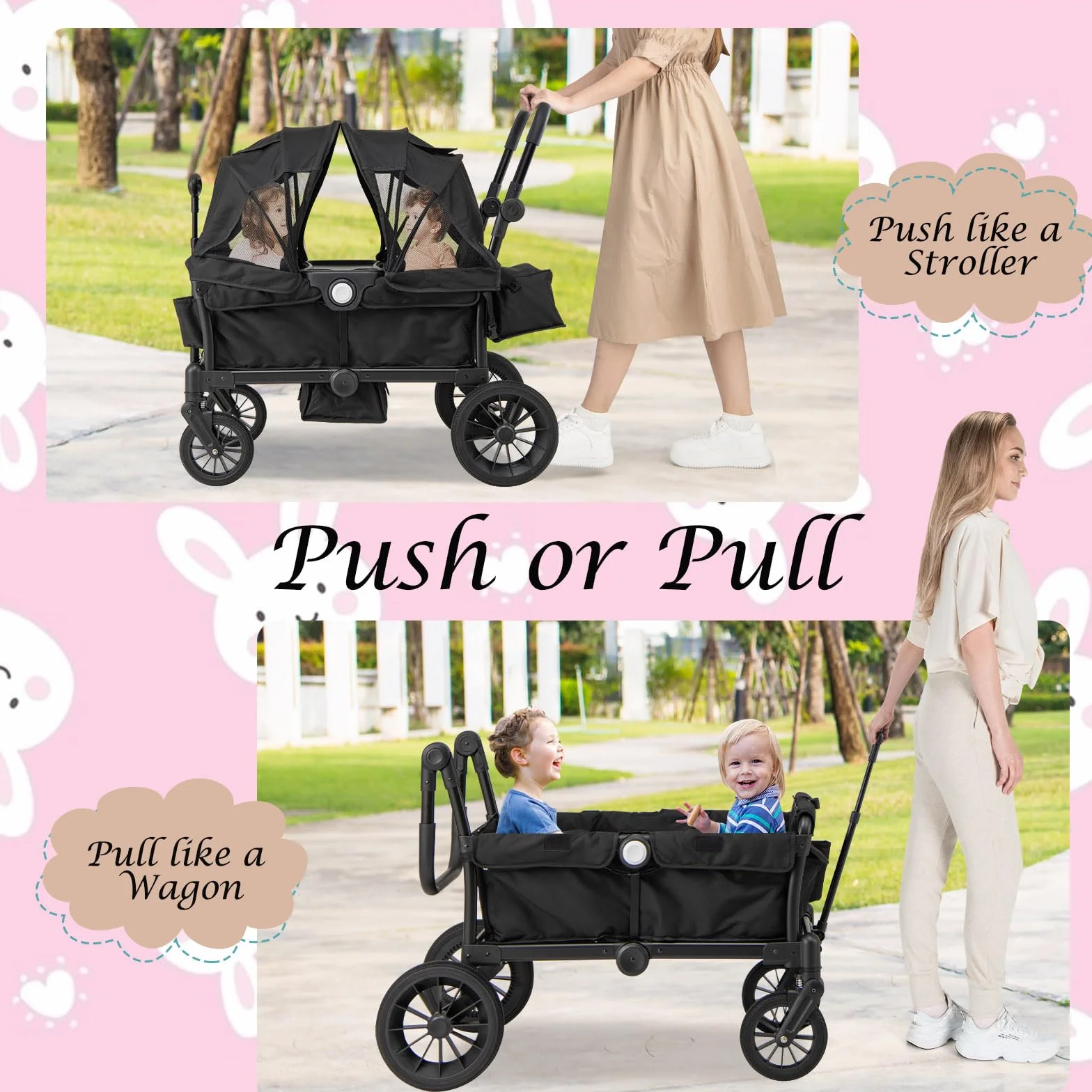 LIFEZEAL Carrello Porta 2 Bambini 6+ Mesi Pieghevole Regolabile con Tettuccio Max 50kg Nero