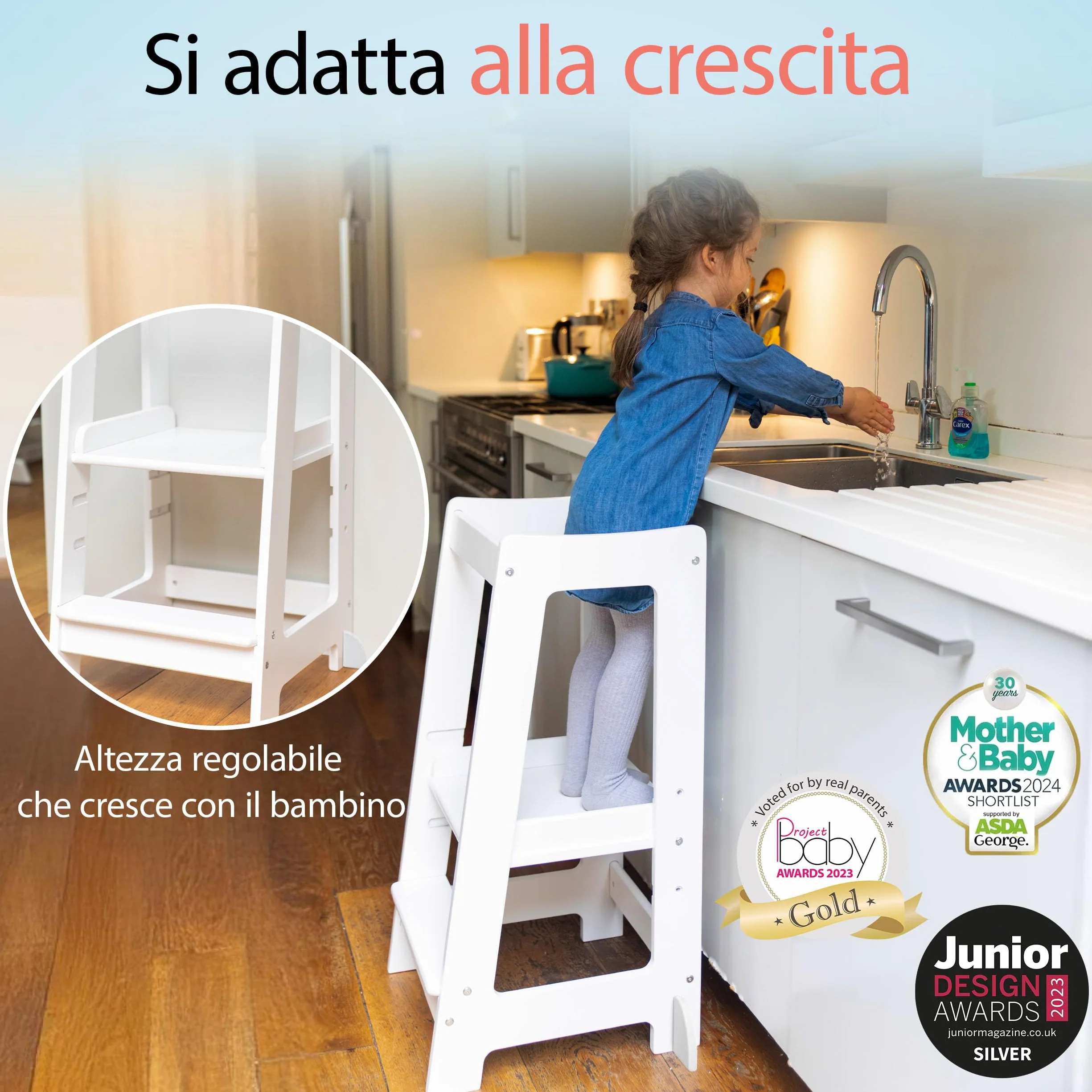 Stepup Baby Torre Montessoriana 3 Altezze Regolabili Torre di Apprendimento Ringhiera Sicurezza Bianco