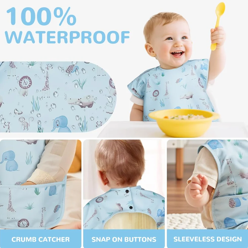 Vicloon Bavaglino con Maniche Corte Anti-Mess Impermeabile con Tasca per Bambini