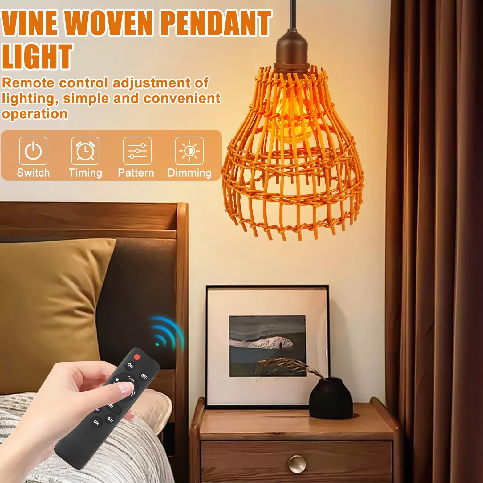 Lampada a sospensione in rattan: 2 pezzi a batteria, lampada a sospensione boho con telecomando, per esterni, per giardino, esterni, per terrazze e gazebo