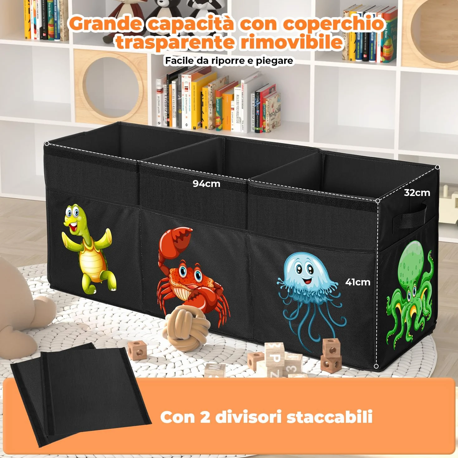 YOHOOLYO Porta Giochi Bambini 123L Pieghevole Contenitore con Coperchio 94x41x32 cm