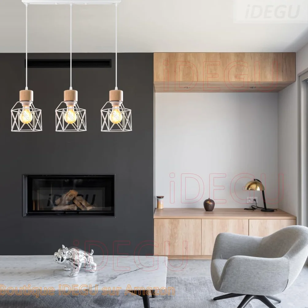 iDEGU 3 Luci Lampadario a Sospensione Vintage E27 Plafoniera Industriale in Legno Metallo Gabbia Lampada da Soffitto Retrò Lampade a Sospensione per Cucina Salotto Cameretta (Bianco, Legno, Barra)