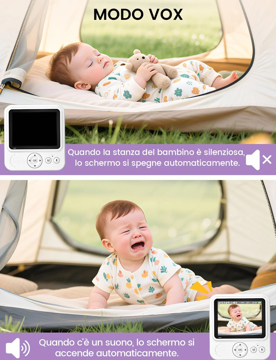 Baby Monitor Video e Audio 2,8" 720P LCD IPS 2000mAh USB-C Zoom Digitale VOX Visione Notturna Comunicazione Bidirezionale Sensore Ninna Nanna