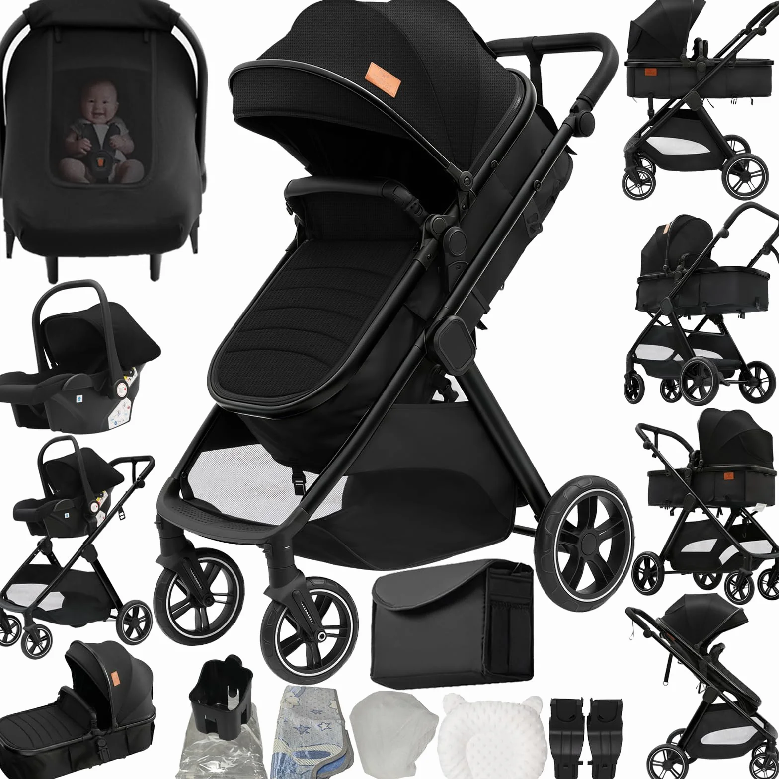 Passeggino Trio 3 in 1 Pieghevole in Un Clic con Telaio in Lega di Alluminio V10 Black
