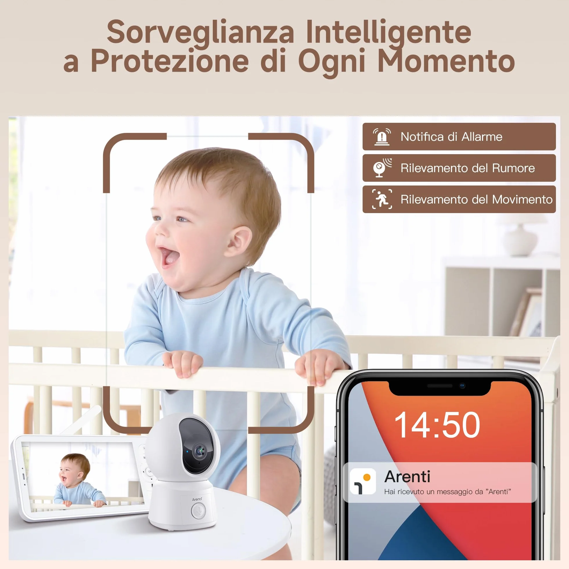 ARENTI Monitor Neonato con Videocamera Wifi 5" 360° PTZ 3350mAh Visione Notturna VOX Rilevamento Temperatura