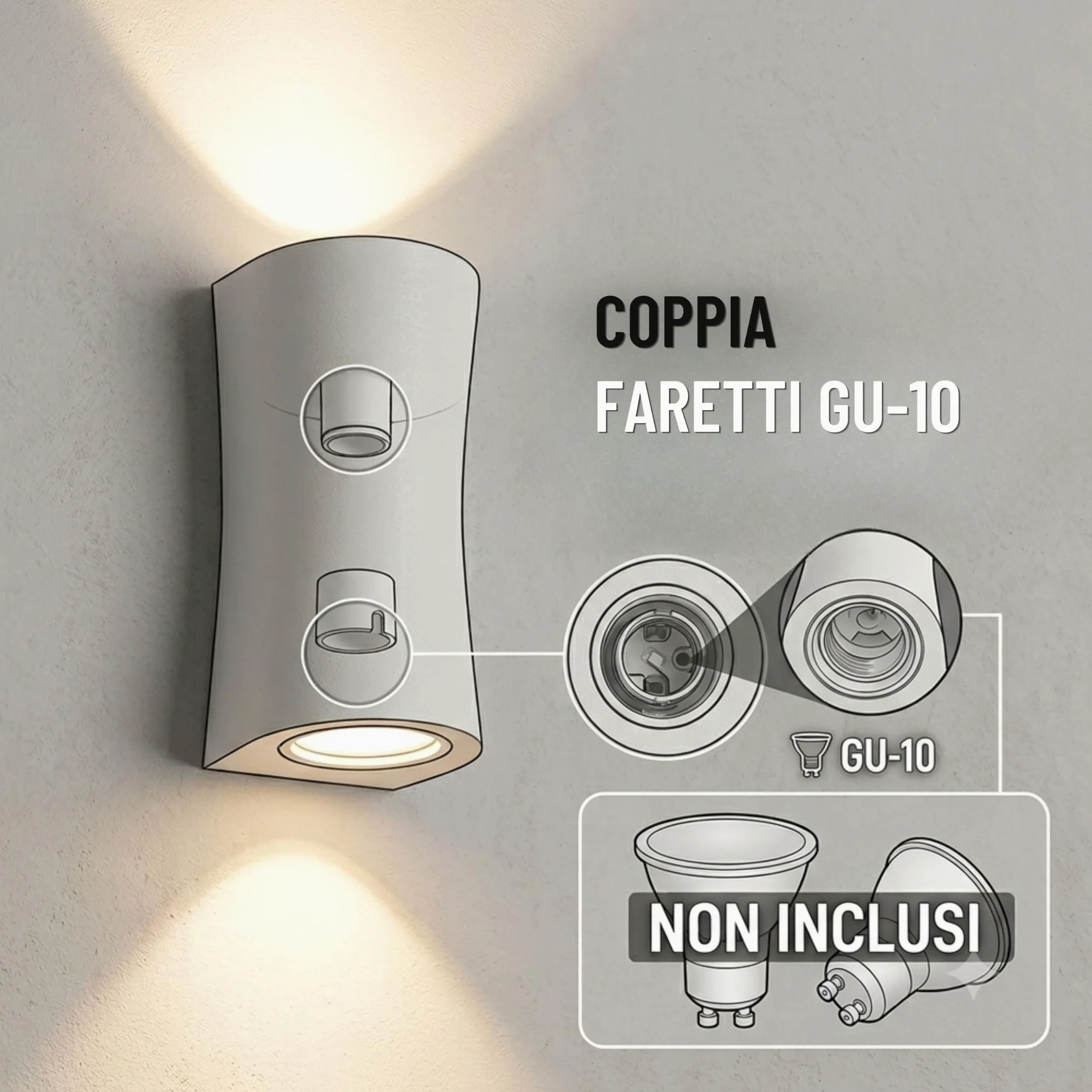 YASTA 4 Pezzi Applique da Parete per Interno Gesso Bianco Verniciabile | Effetto di luce diffusa sopra e sotto, Doppio attacco per faretto LED GU10 (NON INCLUSI), Design moderno, Lampada pitturabile
