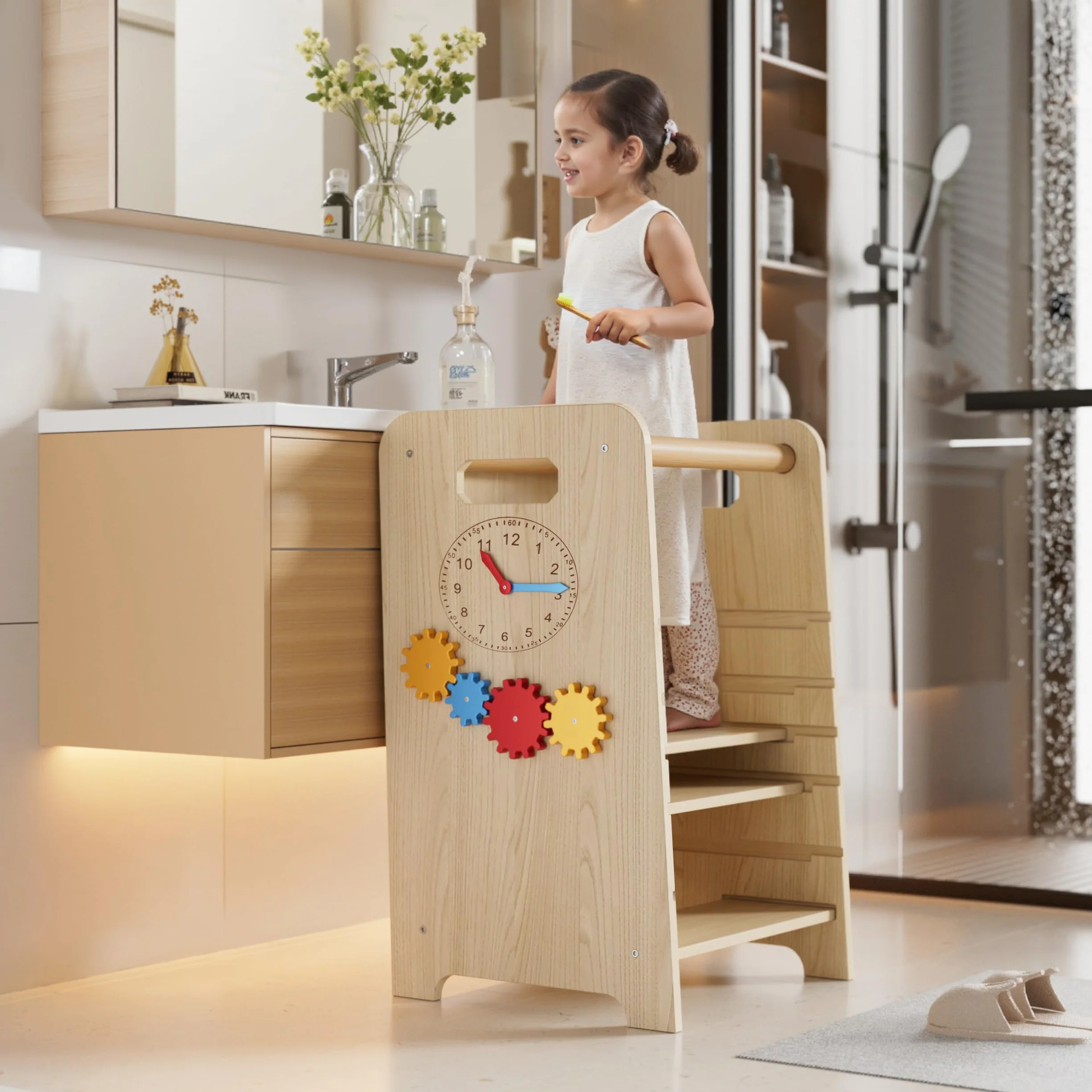 Torretta Montessoriana 4 in 1 Multifunzionale Torre Didattica con Lavagna e Scala Scorrevole per Bambini da 1 Anno