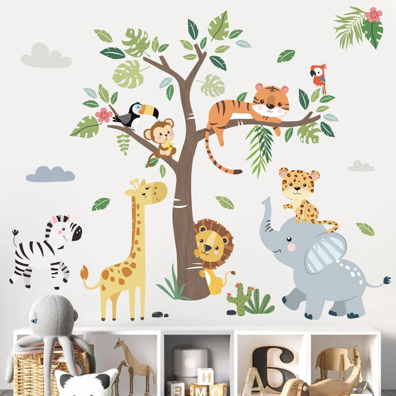 Decalmile Adesivi Murali Animali Giungla Safari Elefante Giraffa Leone Decorazione Murale Bambini