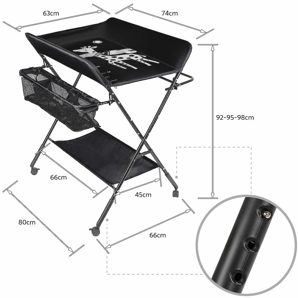 Fasciatoio Pieghevole per Neonato con Struttura Stabile, 4 Ruote con Freno, Portatile con Scomparti (80x66x98cm, Nero)