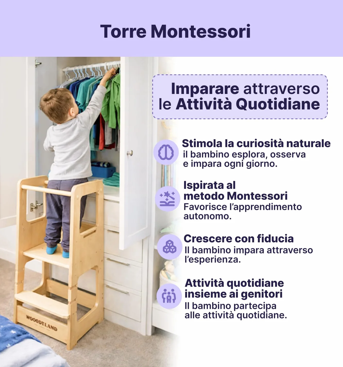WOODYLAND Torre montessoriana Live, Scala bambini regolabile in altezza, Legno vero 40x39,5x90 cm