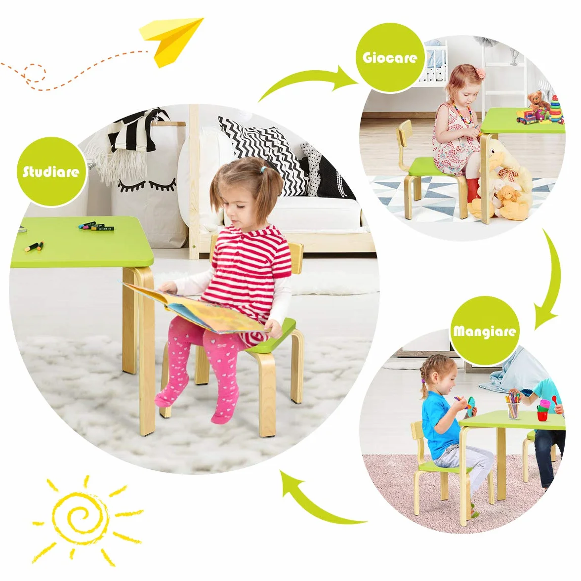 RELAX4LIFE Set Tavolo e 2 Sedie Bambini 3-12 Anni Legno Stabile Sicuro Design Ergonomico Multifunzione Giocare Mangiare Casa Asilo Verde