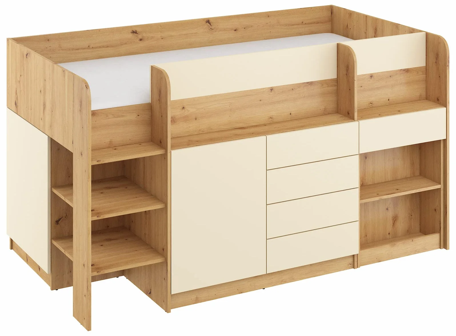Letto rialzato Smile L per bambini rovere artigianale crema con scrivania mensole cassetti