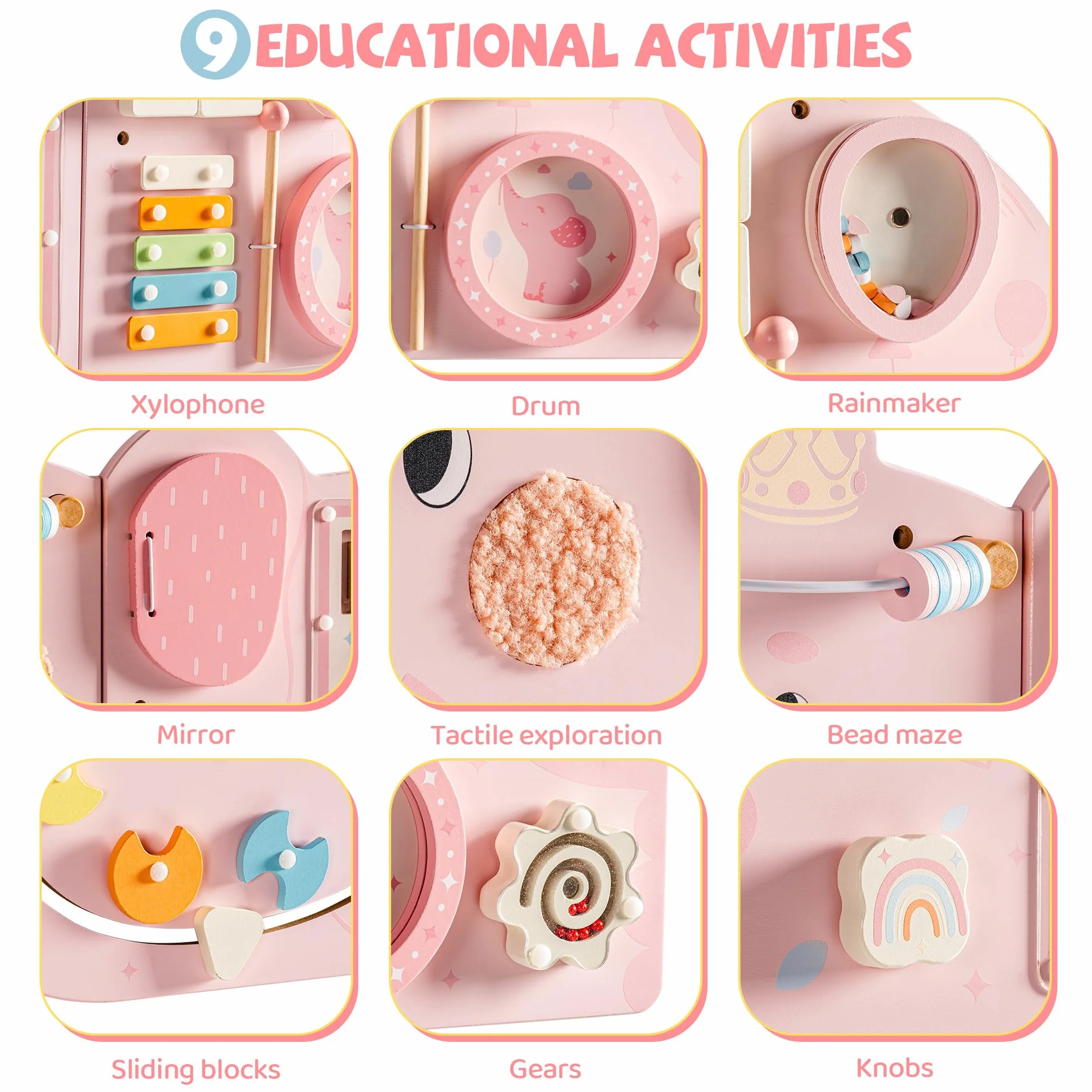 Montessori Tavola Motorizzata in Legno 11 in 1 Busy Board Giocattolo da Parete per Bambini 18 Mesi Rosa