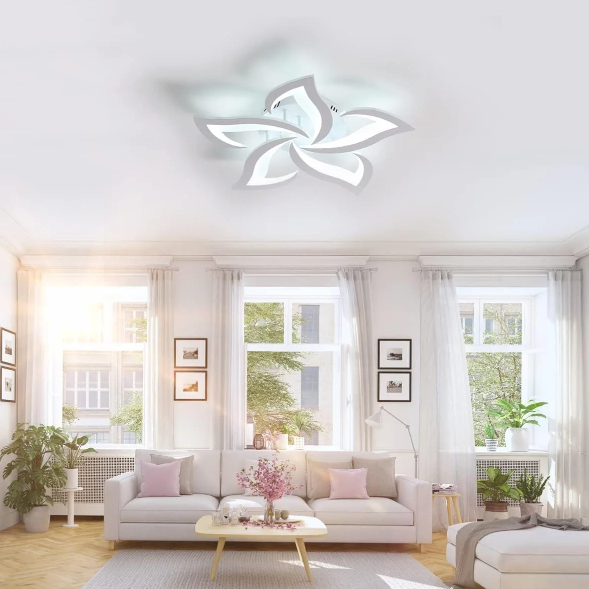 Comely Plafoniera LED a soffitto 60W, 6750LM. Design moderno a petalo in acrilico, adatta ad soggiorno, camera da letto, sala da pranzo o bagno. Luce bianca fredda 6500K, bianco, 60cm