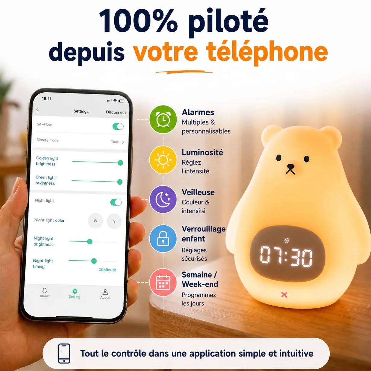 Kemi Sveglia educativa e luminosa giorno/notte con luce LED - Controllo app iOS/Android - Ricaricabile - Apprendimento del sonno - Ragazza & Ragazzo