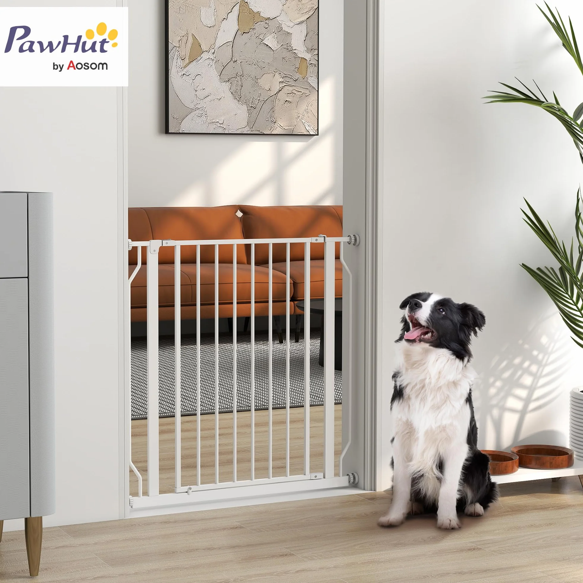PawHut Cancelletto di Sicurezza per Cani Estensibile 75-85 cm, Cancellino Alto 76 cm, Fissaggio a Pressione, Bianco