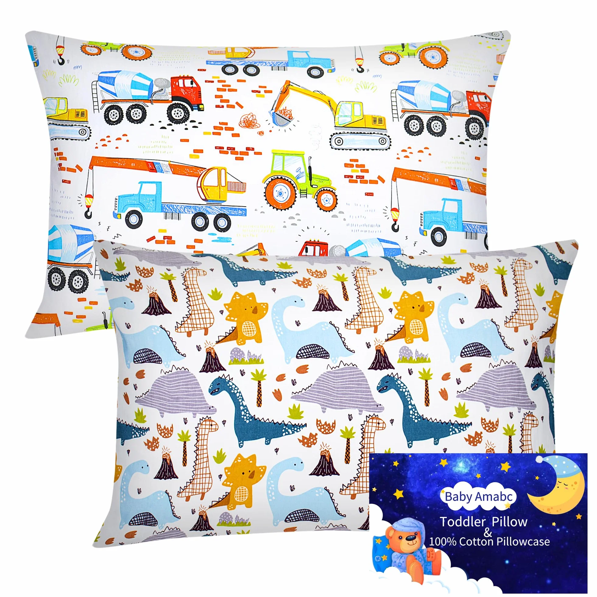 Confezione da 2 federe per cuscino in 100% cotone 40 x 60 cm motivo dinosauri veicoli da costruzione regali per bambini