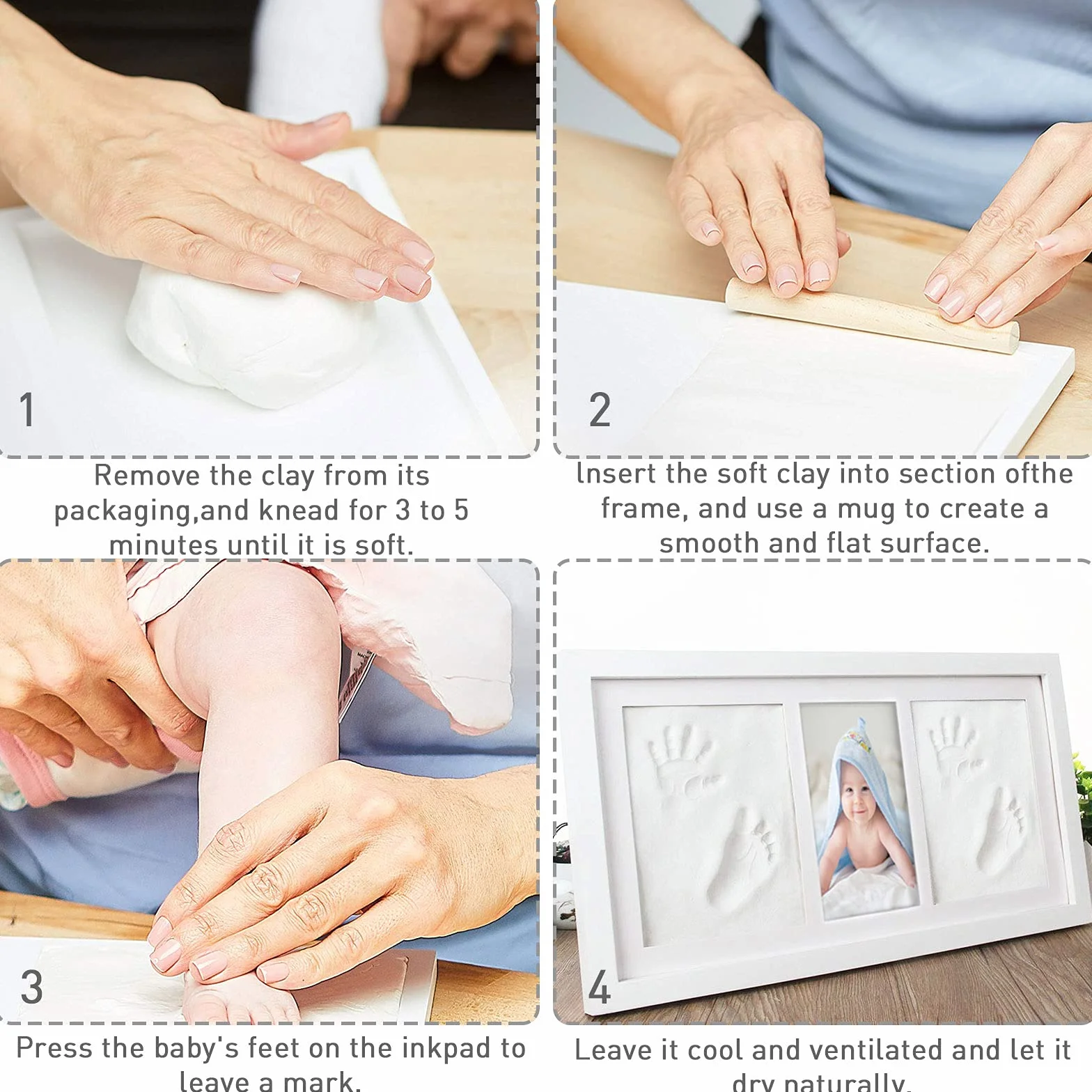 Kit Porta Foto Impronta Mani e Piedi Neonati, Cornice Impronte Neonato con Portafoto Legno e Argilla