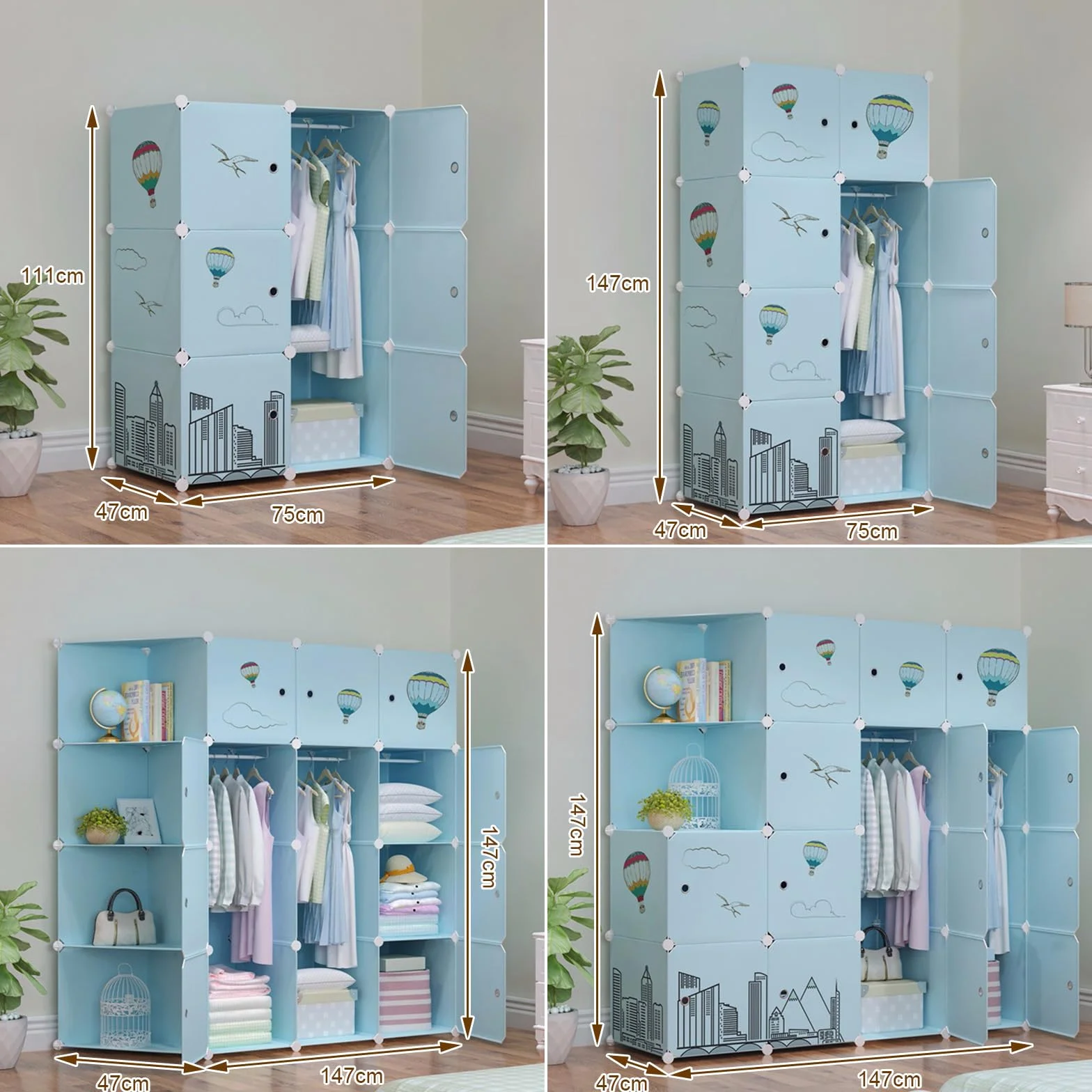 Armadio Bambini Modulare con Sezioni Appendiabiti e Ante in Plastica per Camera Dei Bambini