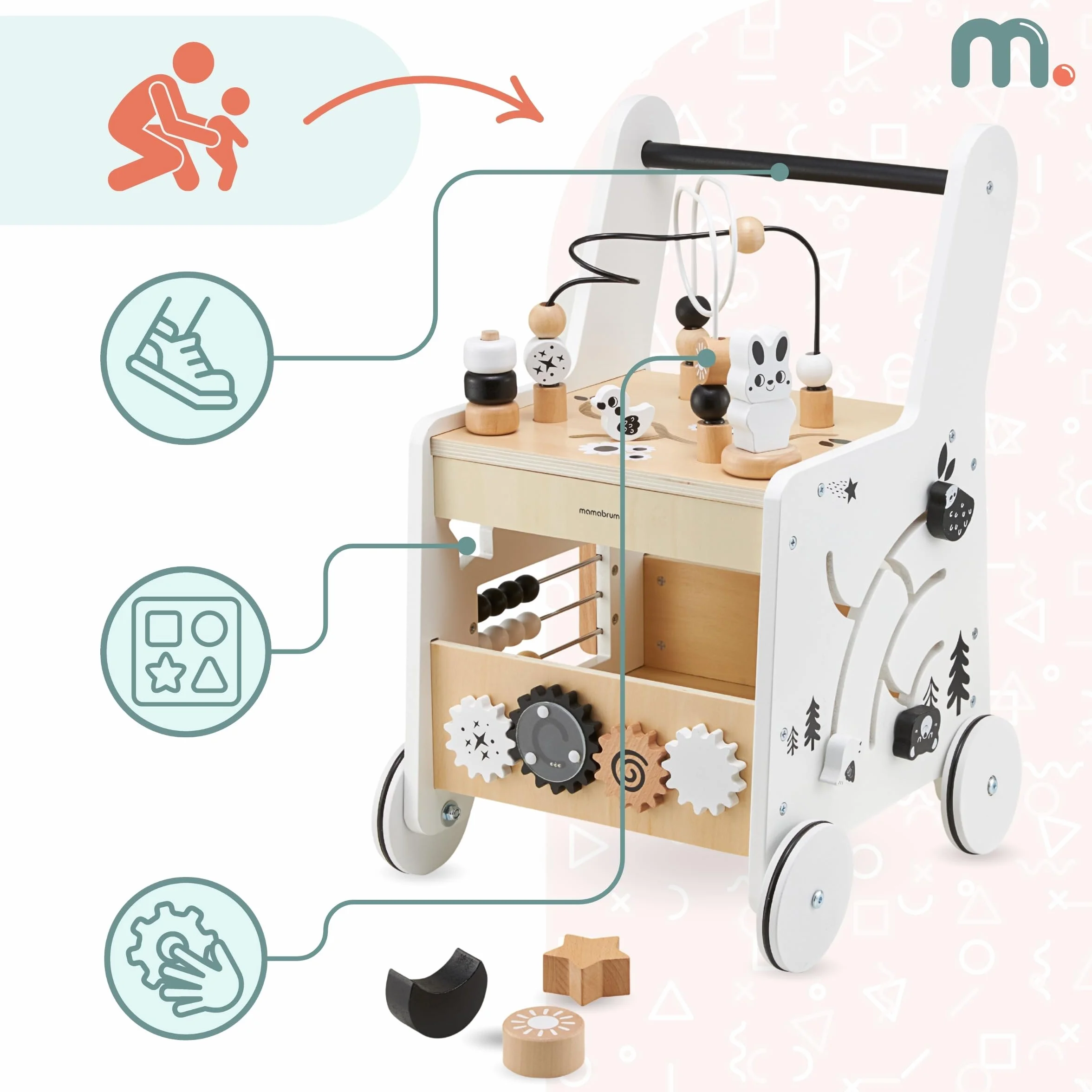 Mamabrum Primi Passi 6 w 1 Spintore Legno Tavolo Didattico Giochi Bambini Abaco Loop Motorio 31x28x49cm