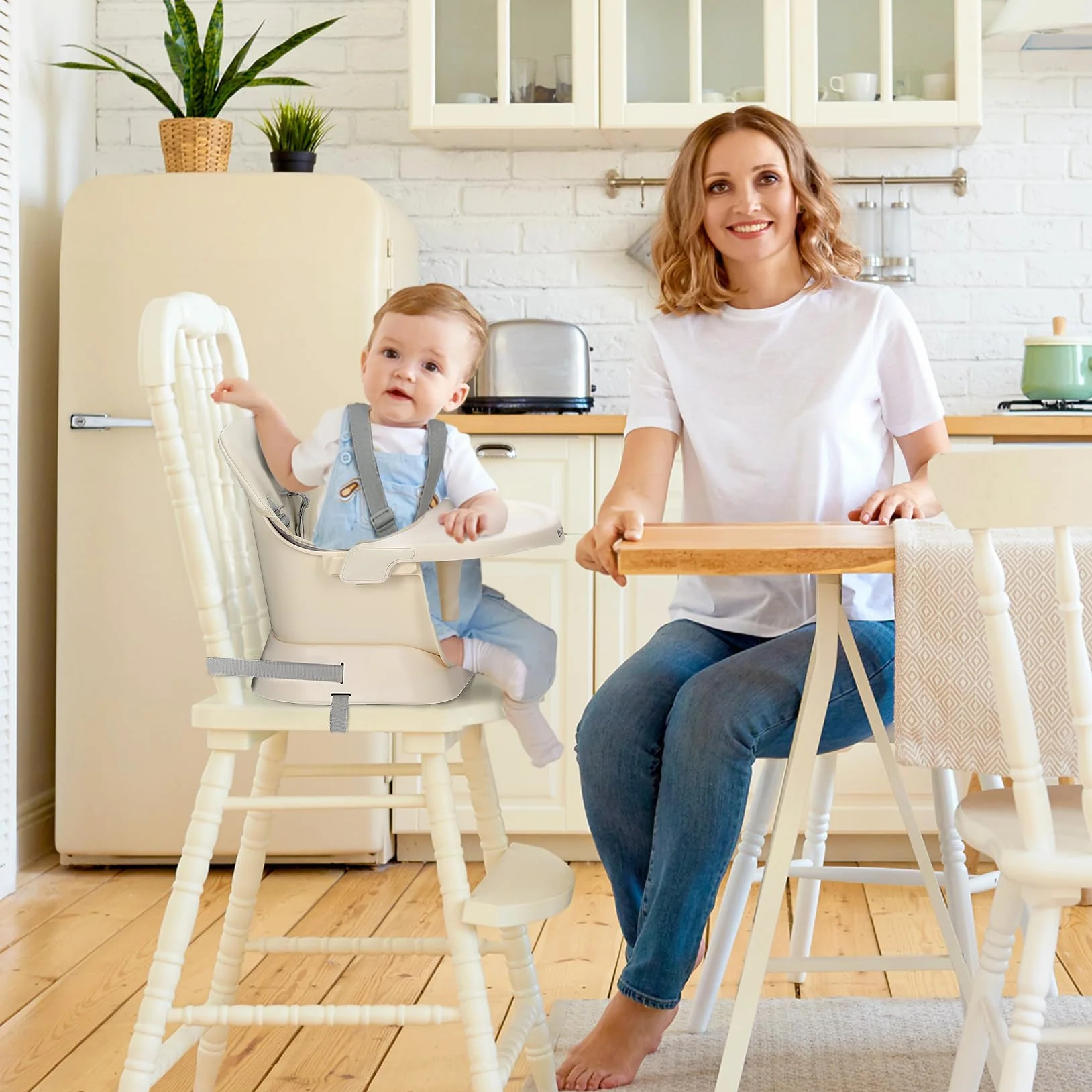 Seggiolone Pappa 6 in 1 Convertibile in Rialzo Sedia Bambino con Gambe in Legno, Cintura 5 Punti, Vassoio Rimovibile, Beige