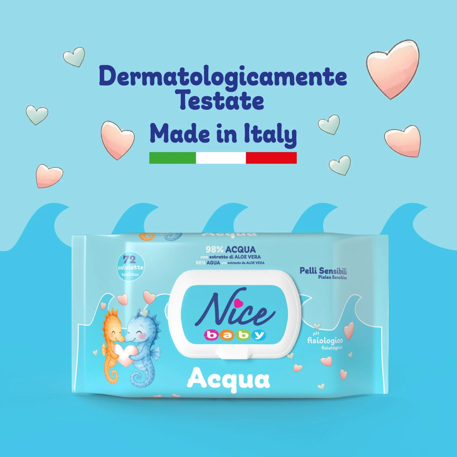 Nice Baby Acqua Salviette per Cambio Pannolino 98% Acqua Aloe 72 szt.