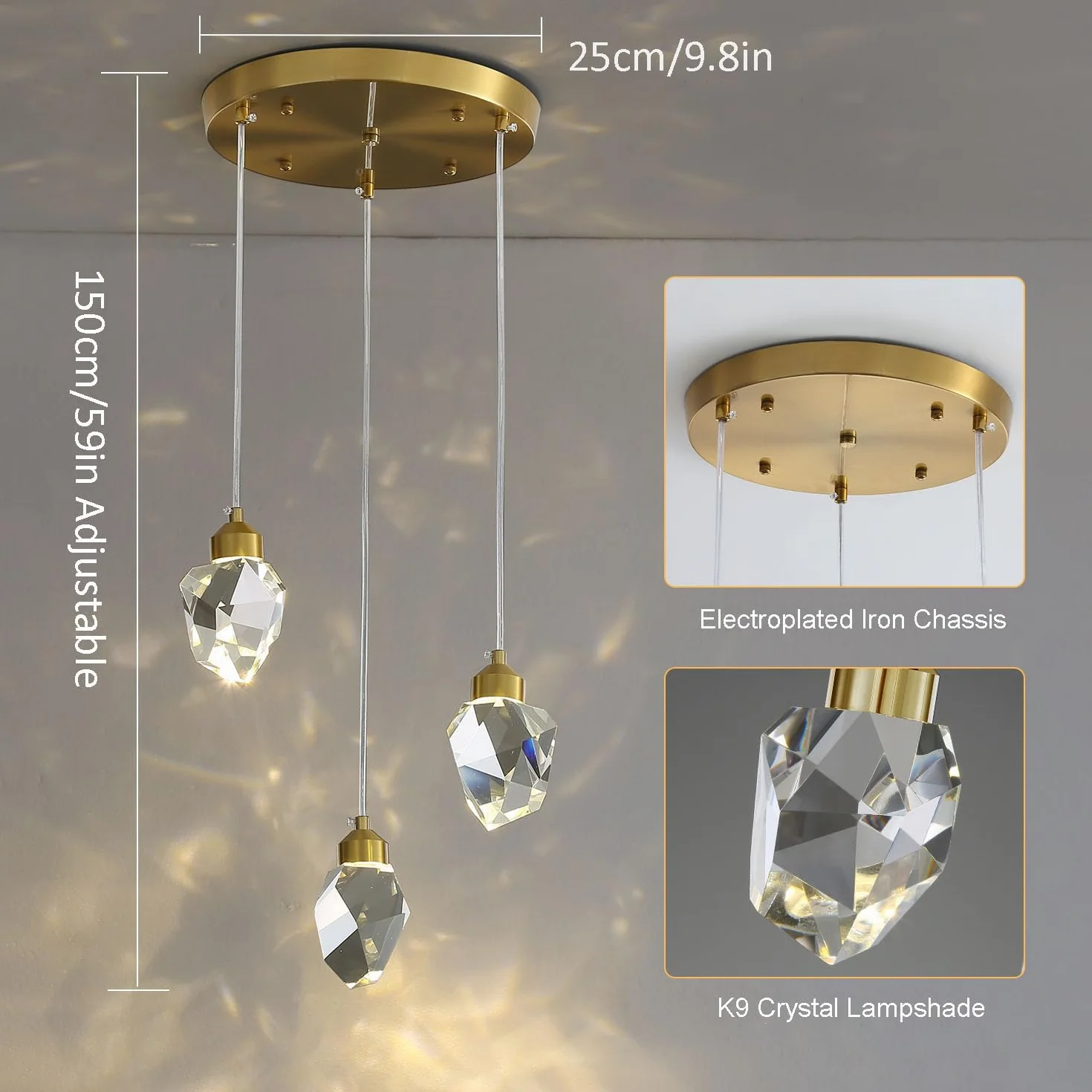 Moderna Lampada A Sospensione In Cristallo, Lampada A Sospensione In Cristallo A Led A 3 Colori, Per Cucina Isola Camera Da Letto Soggiorno Illuminazione Sala Da Pranzo (Base Rotonda A 3 Teste)