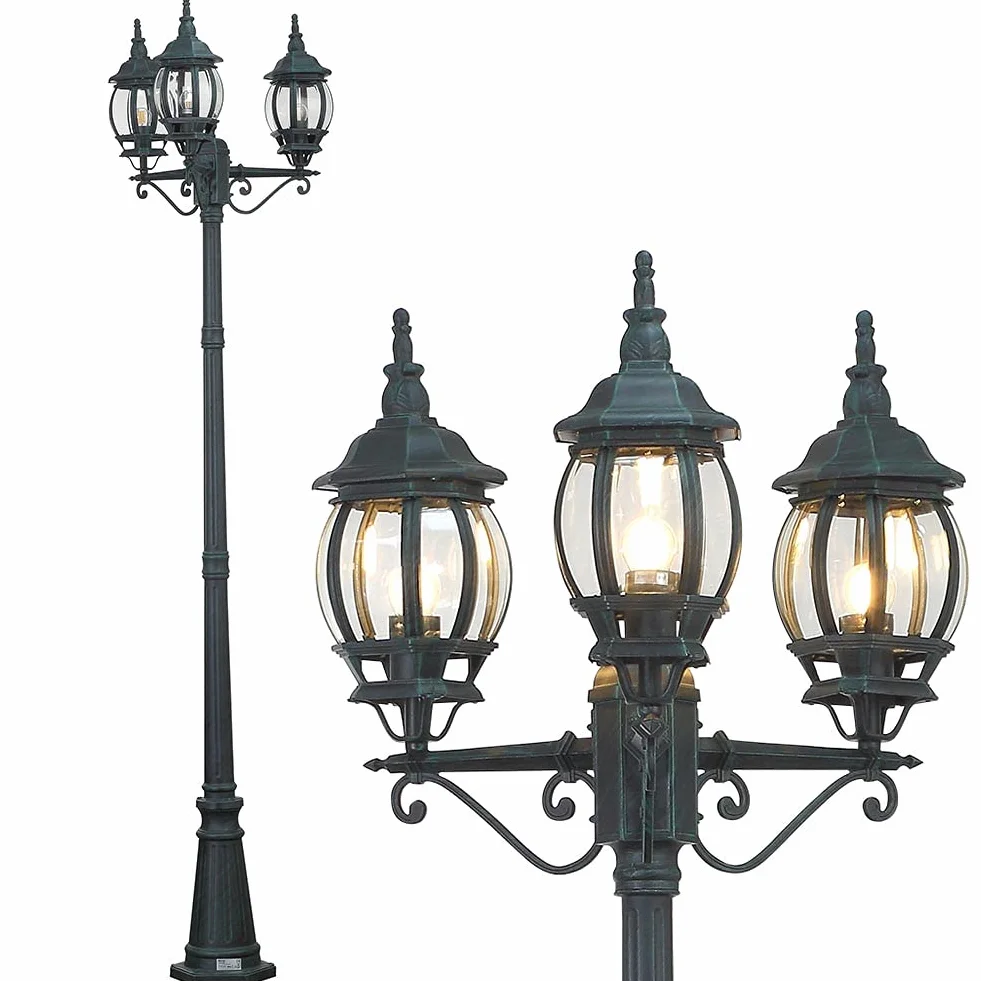 BAKAJI Lampione Vittoriano Classico da Giardino in Alluminio Lampada Lanterna Colore Grigio Finitura Anticata Verde Bronzo IP44 E27 (3 Luci 200 cm)