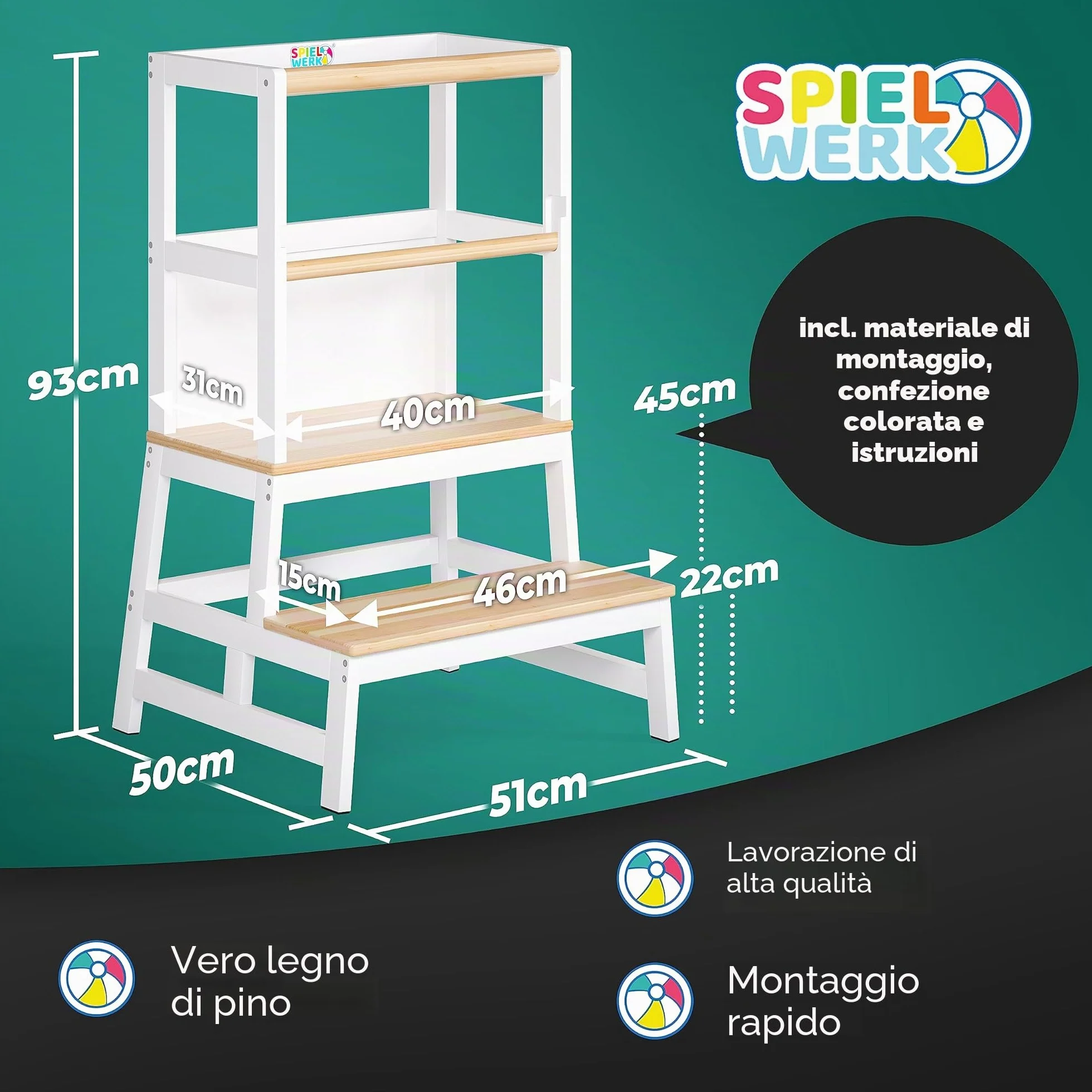 Spielwerk Torre Montessoriana Learning Tower in Legno 50x51x93 cm per Bambini da 2 Anni